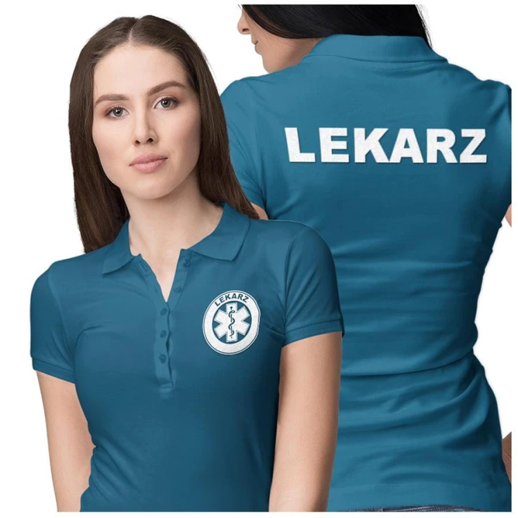 Koszulka polo damska medyczna dla lekarza z logo i napisem lekarz na plecach kolor petrol blue  (3).jpg