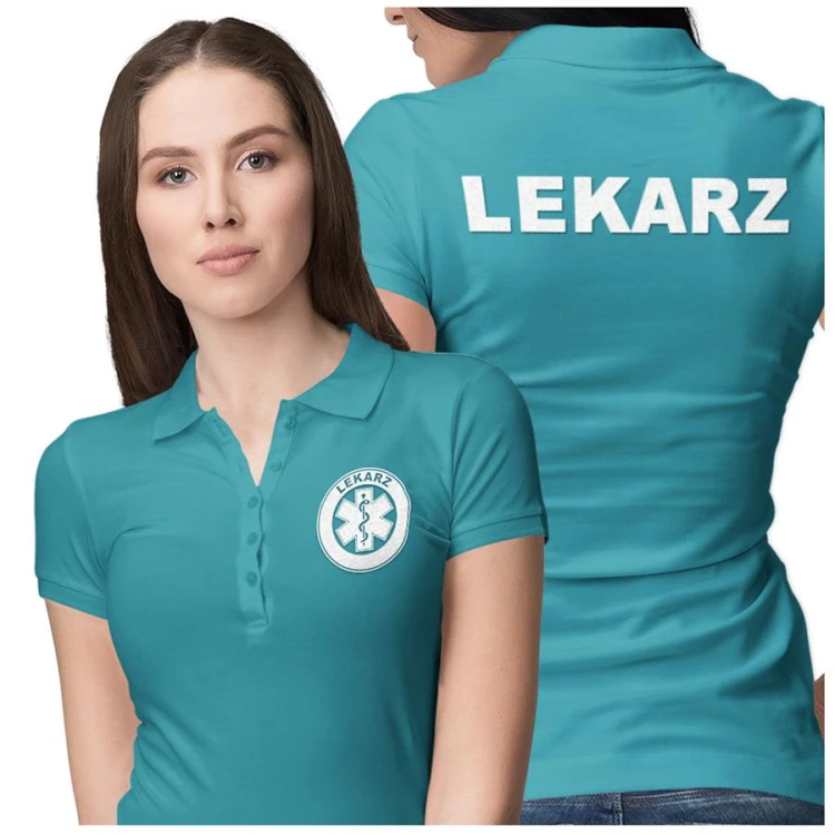 Koszulka polo damska medyczna dla lekarza z logo i napisem lekarz na plecach kolor turkus (3).jpg