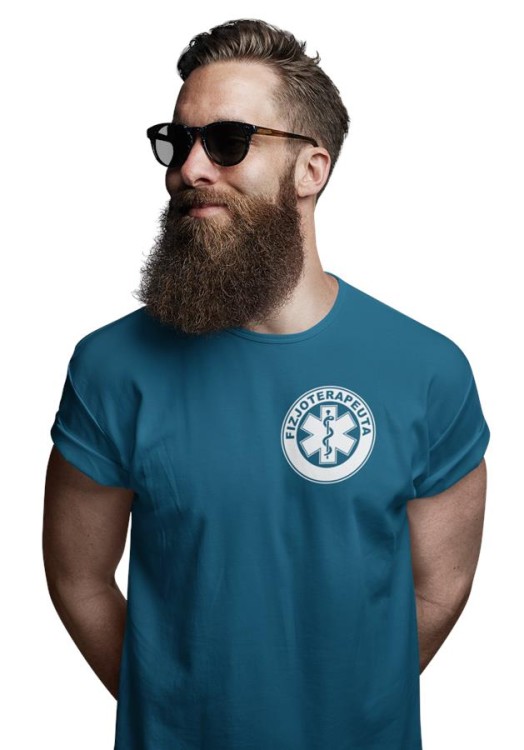 Koszulka męska medyczna dla fizjoterapeuty z logo i napisem fizjoterapeuta na plecach  kolor petrol blue 2.jpg
