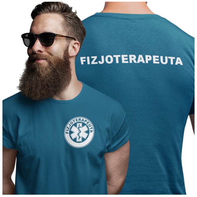 Koszulka męska medyczna dla fizjoterapeuty z logo i napisem fizjoterapeuta na plecach  kolor petrol blue.jpg