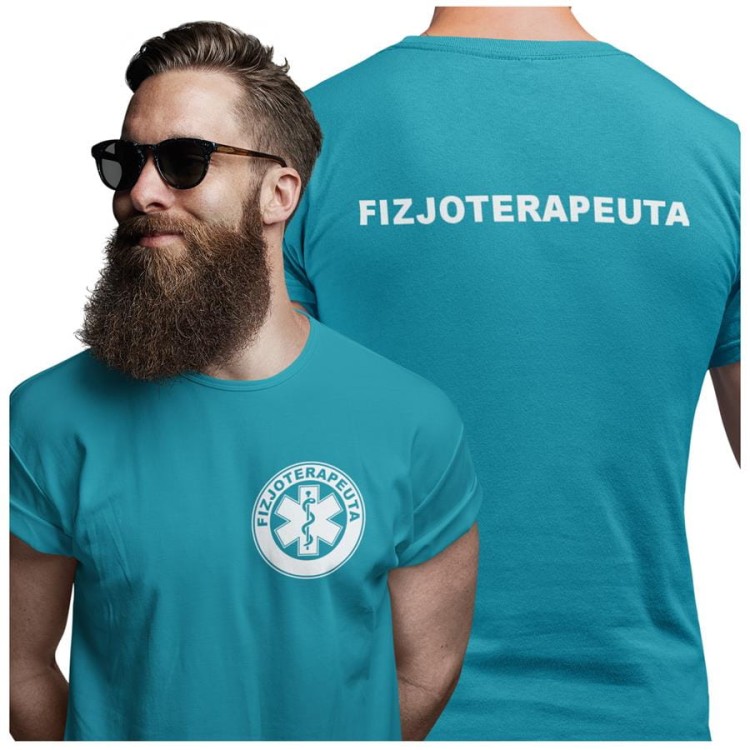 Koszulka męska medyczna dla fizjoterapeuty z logo i napisem fizjoterapeuta na plecach  kolor turkus.jpg