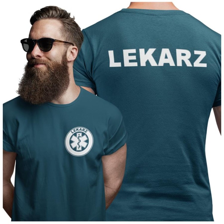 Koszulka męska medyczna dla lekarza z logo i napisem lekarz na plecach  kolor petrol blue.jpg
