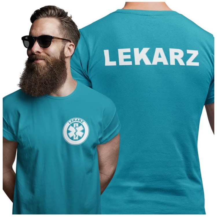 Koszulka męska medyczna dla lekarza z logo i napisem lekarz na plecach  kolor turkus.jpg