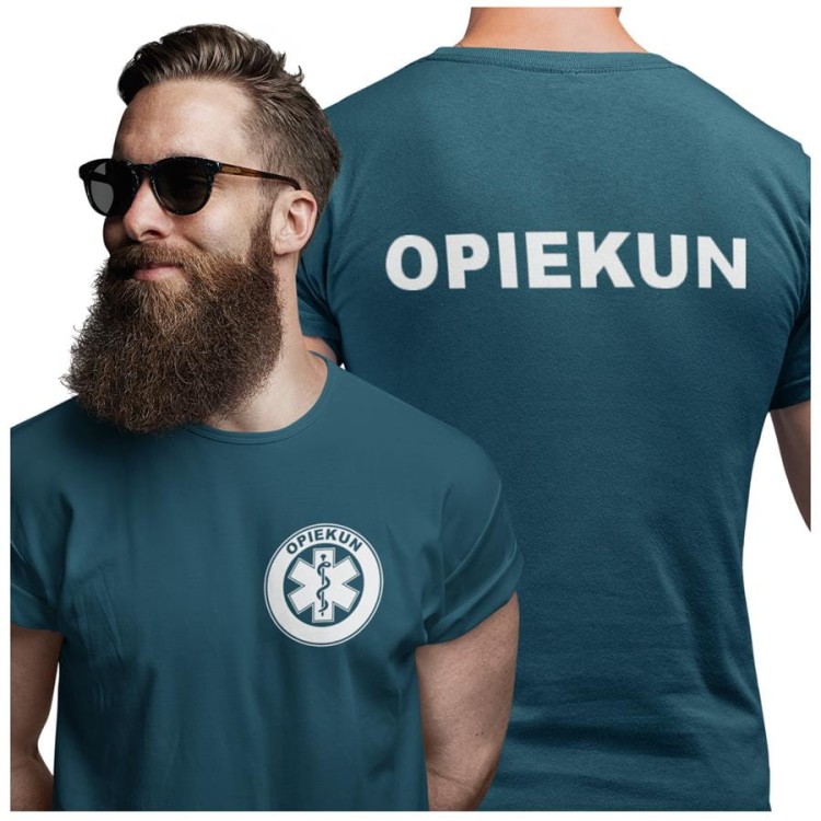 Koszulka męska medyczna dla opiekuna z logo i napisem OPIEKUN na plecach  kolor PETROL BLUE.jpg