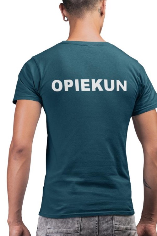 Koszulka męska medyczna dla opiekuna z logo i napisem OPIEKUN na plecach  kolor PETROL BLUE 2.jpg