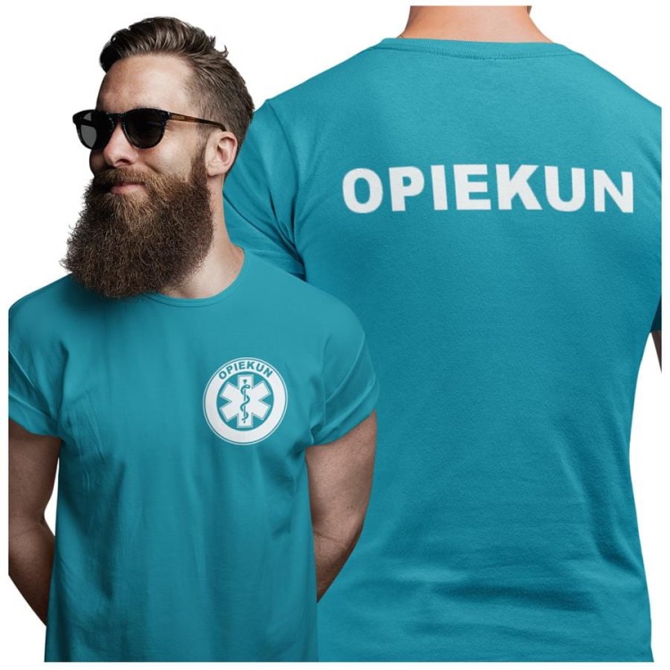 Koszulka męska medyczna dla opiekuna z logo i napisem OPIEKUN na plecach  kolor turkus.jpg