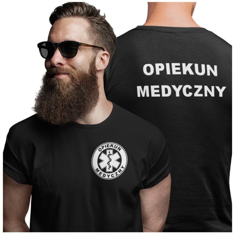 Koszulka męska medyczna dla OPIEKUN MEDYCZNY z logo i napisem OPIEKUN MEDYCZNY na plecach  kolor CZARNY.jpg