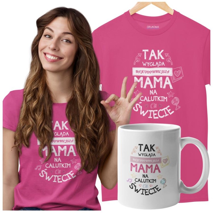 Koszulka dla Mamy na Dzień Mamy zestaw z kubkiem z nadrukiem Tak wygląda najcudowniejsza mama na calutkim świecie kolor różowy.jpg