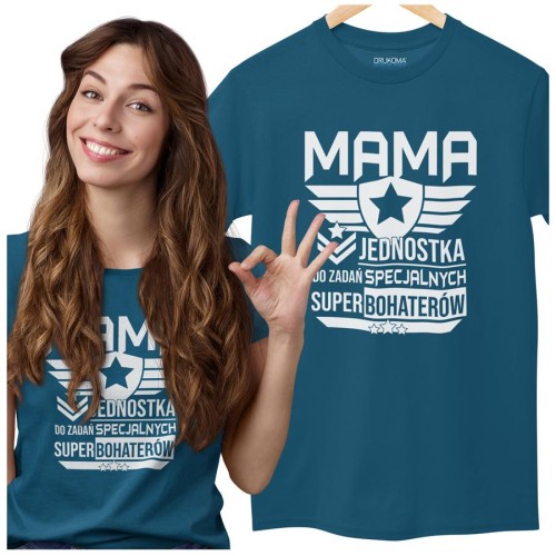 Koszulka dla Mamy na Dzień Mamy zestaw z nadrukiem Mama jednostka do zadań specjalnych super bohaterów kolor petrol blue.jpg