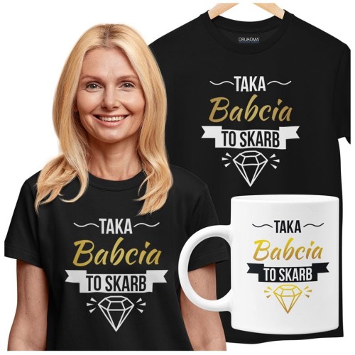 Koszulka dla Babci zestaw z kubkiem i koszulką na prezent z napisem Taka babcia to skarb z koszulką w kolorze czarnym.jpg