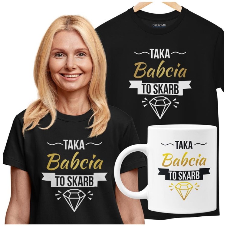 Koszulka dla Babci zestaw z kubkiem i koszulką na prezent z napisem Taka babcia to skarb z koszulką w kolorze czarnym.jpg