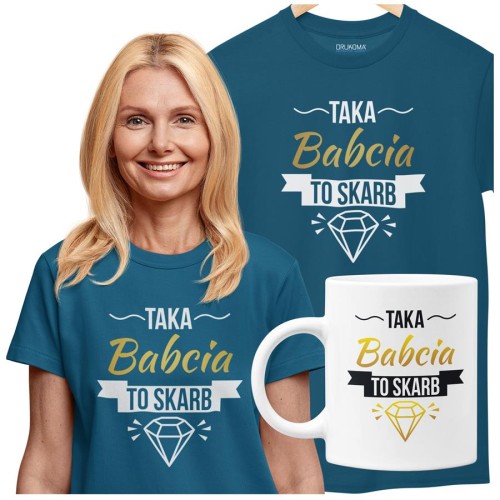Koszulka dla Babci zestaw z kubkiem i koszulką na prezent z napisem Taka babcia to skarb z koszulką w kolorze petrol blue.jpg