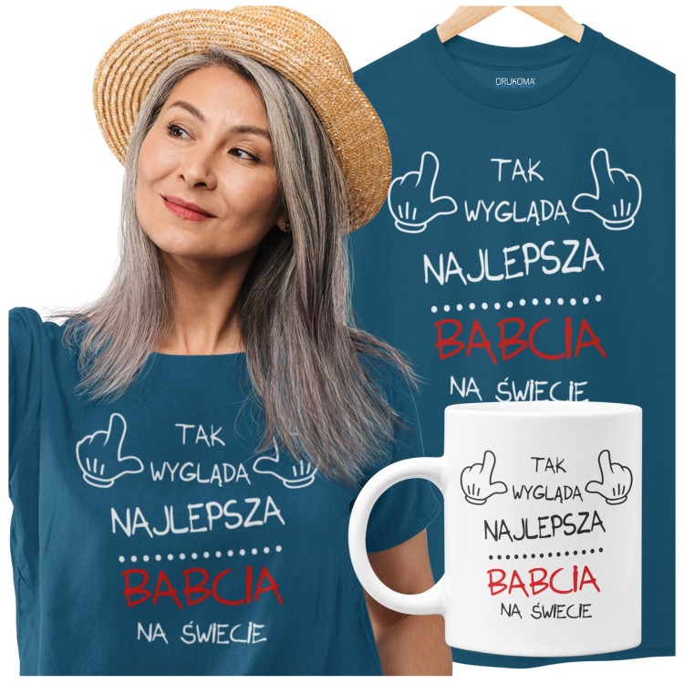 Koszulka dla Babci zestaw z kubkiem i koszulką na prezent z napisem Tak wygląda najlepsza babcia na świecie z koszulką w kolorze petrol.jpg