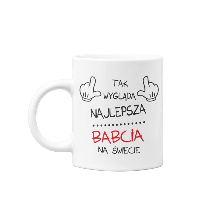 Koszulka dla Babci zestaw z kubkiem i koszulką na prezent z napisem Tak wygląda najlepsza babcia na świecie z koszulką w kolorze czarnym.jpg