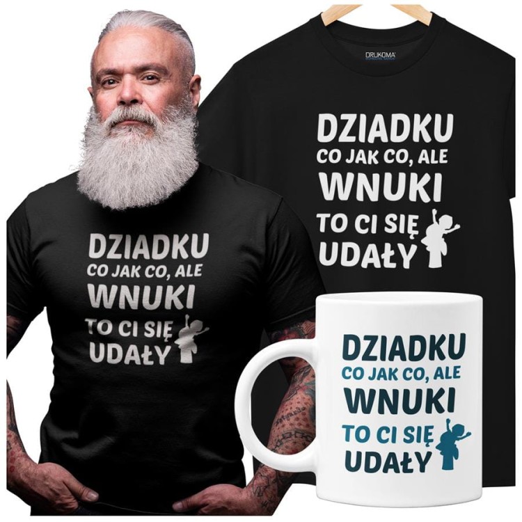 Koszulka dla Dziadka zestaw z kubkiem i koszulką na prezent z napisem Dziadku co jak co, ale wnuki to Ci się udały w kolorze czarn.jpg