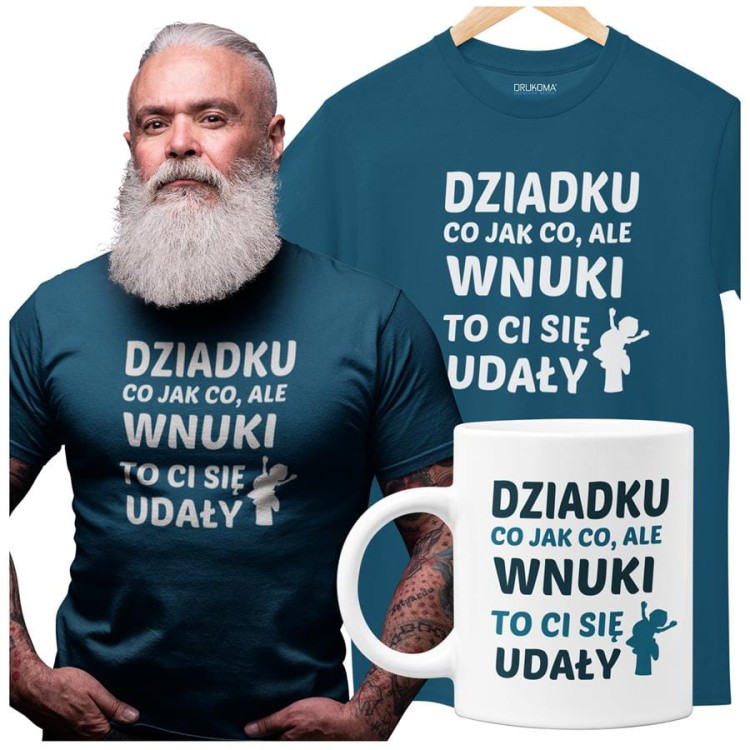 Koszulka dla Dziadka zestaw z kubkiem i koszulką na prezent z napisem Dziadku co jak co, ale wnuki to Ci się udały w kolorze petro.jpg
