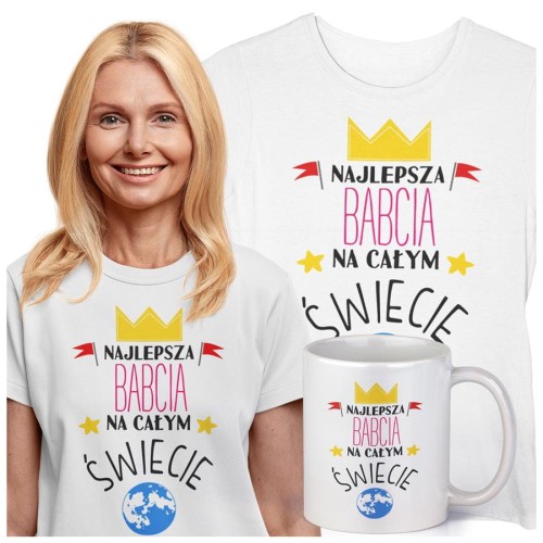 Koszulka z kubkiem dla Babci na Dzień Babci z napisem NAJLEPSZA BABCIA NA ŚWIECIE kolor biały (1).jpg