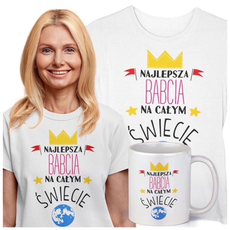 Koszulka z kubkiem dla Babci na Dzień Babci z napisem NAJLEPSZA BABCIA NA ŚWIECIE kolor biały (1).jpg