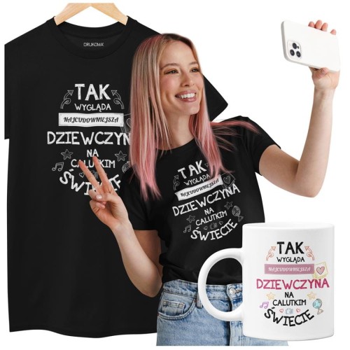 Koszulka dla Dziewczyny w zestawie z kubkiem z nadrukiem Tak wygląda najcudowniejsza Dziewczyna na calutkim świecie w kolorze czarnym.jpg