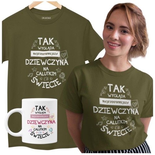 Koszulka dla Dziewczyny w zestawie z kubkiem z nadrukiem Tak wygląda najcudowniejsza Dziewczyna na calutkim świecie w kolorze khaki (1).jpg