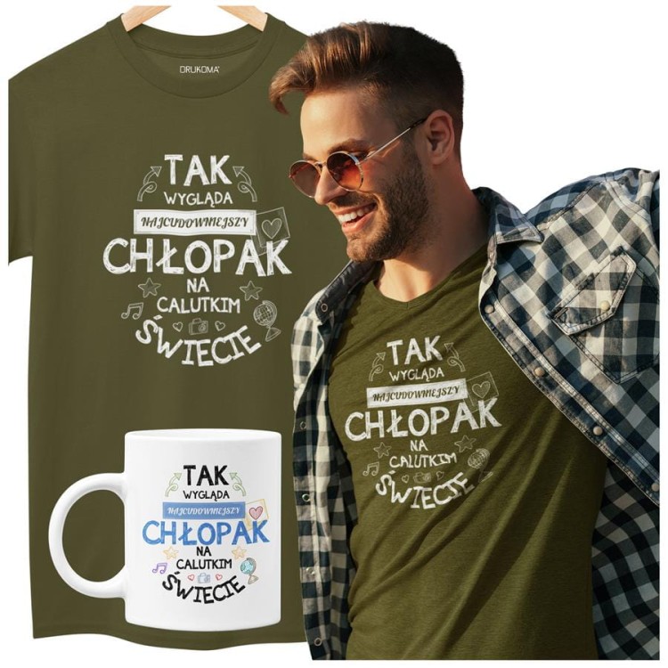 Koszulka dla Chłopaka w zestawie z kubkiem z nadrukiem Tak wygląda najcudowniejszy Chłopak na calutkim świecie w kolorze khaki (1).jpg