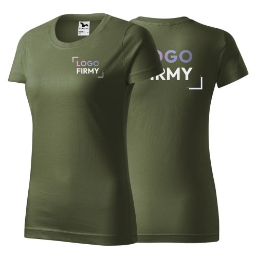 Koszulka khaki z krótkim rękawem z logo na sercu i plecach damska z nadrukiem logo firmy 160g BASIC134 kolor 09 koszulka krótki rękaw.jpg