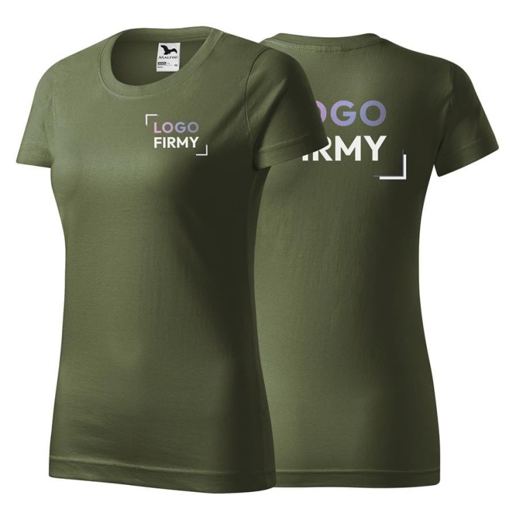 Koszulka khaki z krótkim rękawem z logo na sercu i plecach damska z nadrukiem logo firmy 160g BASIC134 kolor 09 koszulka krótki rękaw.jpg