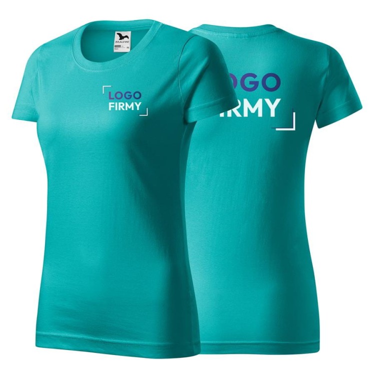 Koszulka szmaragdowa z krótkim rękawem z logo na sercu i plecach damska z nadrukiem logo firmy 160g BASIC134 kolor 19 koszulka krótki rękaw.jpg