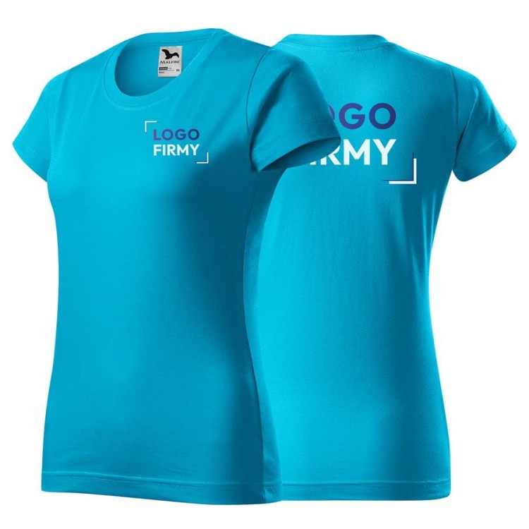 Koszulka turkusowa z krótkim rękawem z logo na sercu i plecach damska z nadrukiem logo firmy 160g BASIC134 kolor 44 koszulka krótki rękaw.jpg