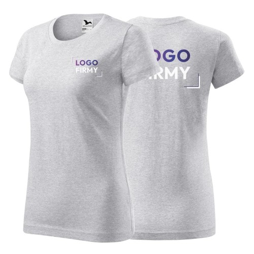 Koszulka jasnoszary melanż z krótkim rękawem z logo na sercu i plecach damska z nadrukiem logo firmy 160g BASIC134 kolor 03 koszulka krótki rę.jpg