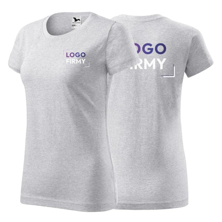 Koszulka jasnoszary melanż z krótkim rękawem z logo na sercu i plecach damska z nadrukiem logo firmy 160g BASIC134 kolor 03 koszulka krótki rę.jpg