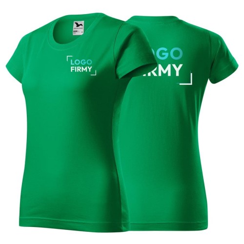 Koszulka zieleń trawy z krótkim rękawem z logo na sercu i plecach damska z nadrukiem logo firmy 160g BASIC134 kolor 16 koszulka krótki rękaw.jpg