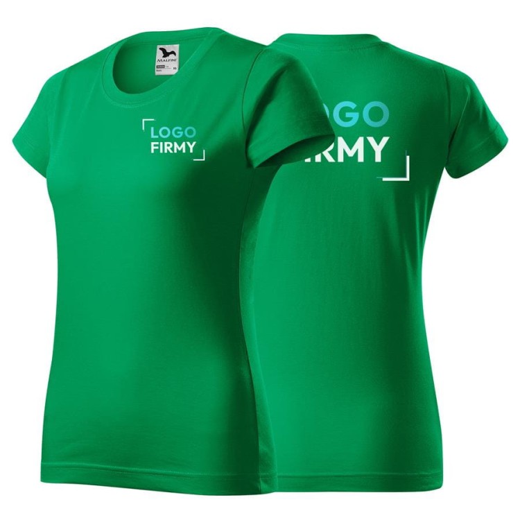 Koszulka zieleń trawy z krótkim rękawem z logo na sercu i plecach damska z nadrukiem logo firmy 160g BASIC134 kolor 16 koszulka krótki rękaw.jpg