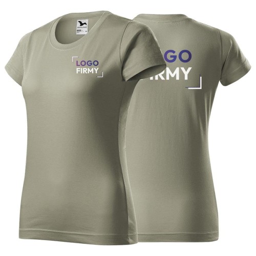 Koszulka jasny khaki z krótkim rękawem z logo na sercu i plecach damska z nadrukiem logo firmy 160g BASIC134 kolor 28 koszulka krótki rękaw.jpg