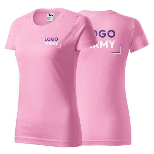 Koszulka różowa z krótkim rękawem z logo na sercu i plecach damska z nadrukiem logo firmy 160g BASIC134 kolor 30 koszulka krótki rękaw.jpg