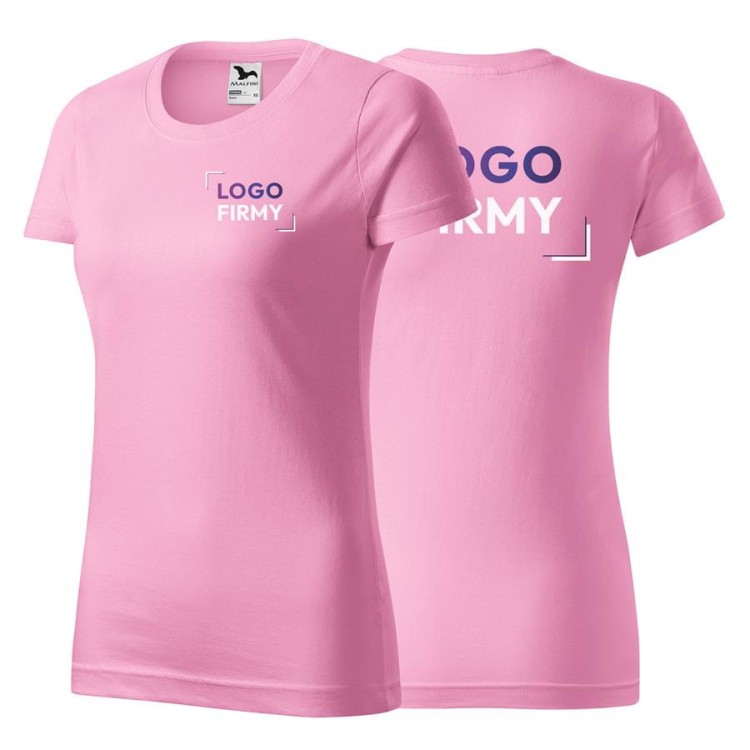 Koszulka różowa z krótkim rękawem z logo na sercu i plecach damska z nadrukiem logo firmy 160g BASIC134 kolor 30 koszulka krótki rękaw.jpg