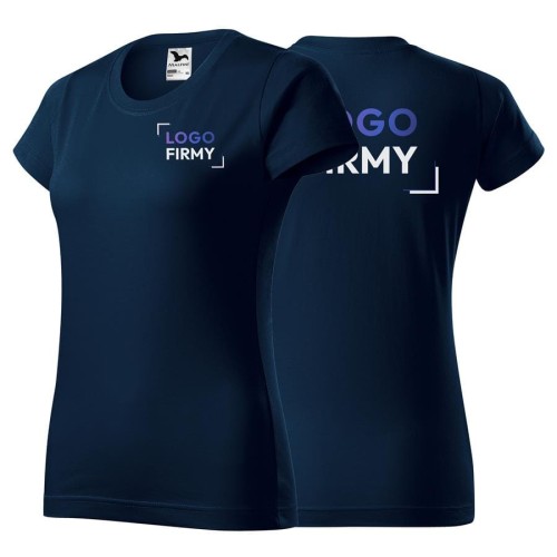Koszulka granatowa z krótkim rękawem z logo na sercu i plecach damska z nadrukiem logo firmy 160g BASIC134 kolor 02 koszulka krótki rękaw.jpg
