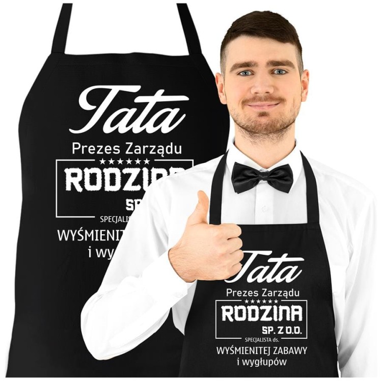 Fartuch Kuchenny dla Taty z nadrukiem Tata Prezes Zarządu Rodzina sp. z o.o., specjalista ds. wyśmienitej zabawy i wygłupów Upominek Grill Dzień Ojca (1).jpg
