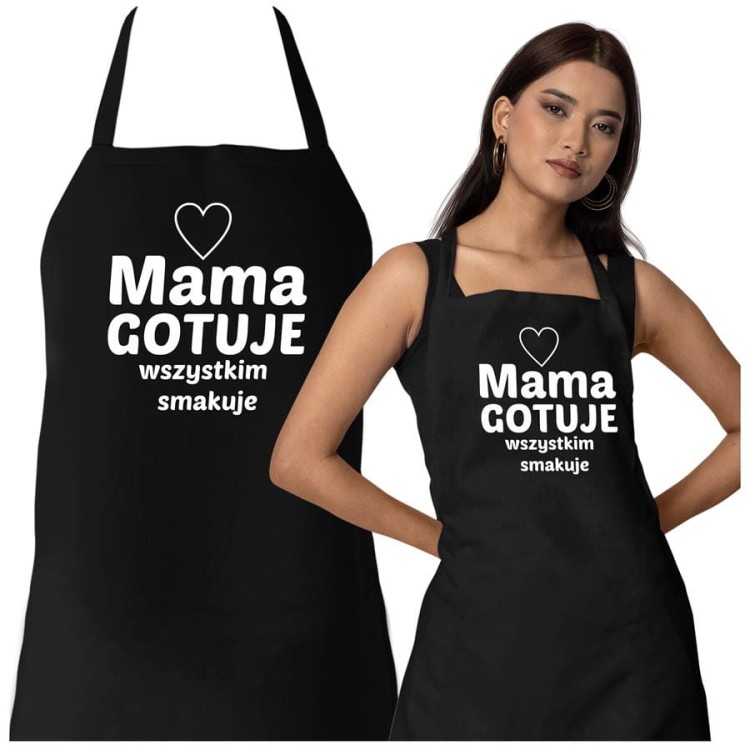 Fartuch dla Mamy na prezent na Dzień Matki z napisem Mama gotuje wszystkim smakuje.jpg