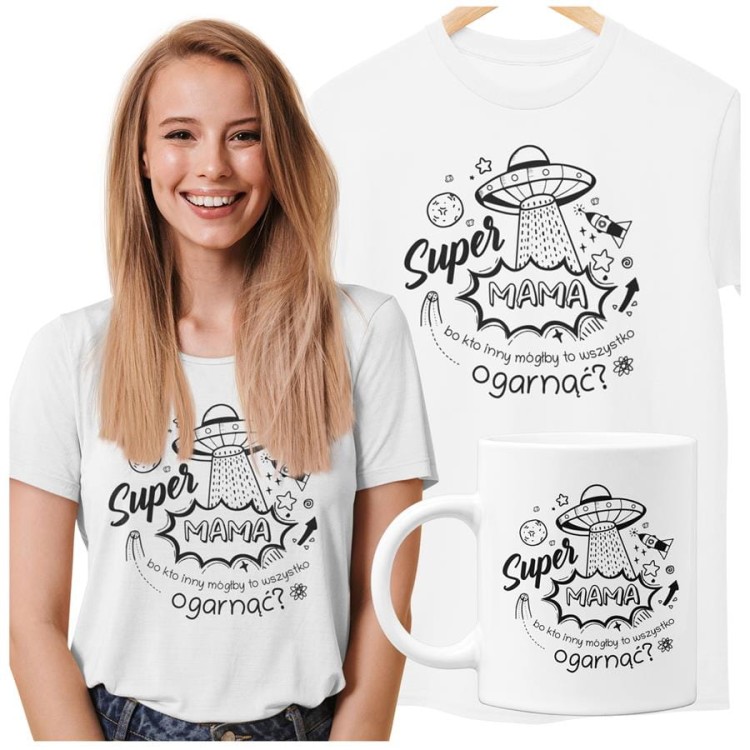Koszulka dla Mamy na Dzień Mamy zestaw z kubkiem i nadrukiem Super Mama, bo kto inny mógłby to ogarnąć kolor biały.jpg