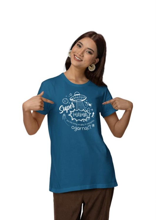Koszulka dla Mamy na Dzień Mamy zestaw z kubkiem i nadrukiem Super Mama, bo kto inny mógłby to ogarnąć kolor petrol blue (6).jpg