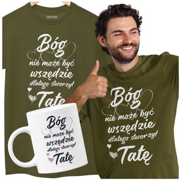 Koszulka dla taty wraz z kubkiem z nadrukiem Bóg nie może być wszędzie dlatego stworzył Tatę t-shirt w kolorze granatowy (1).jpg
