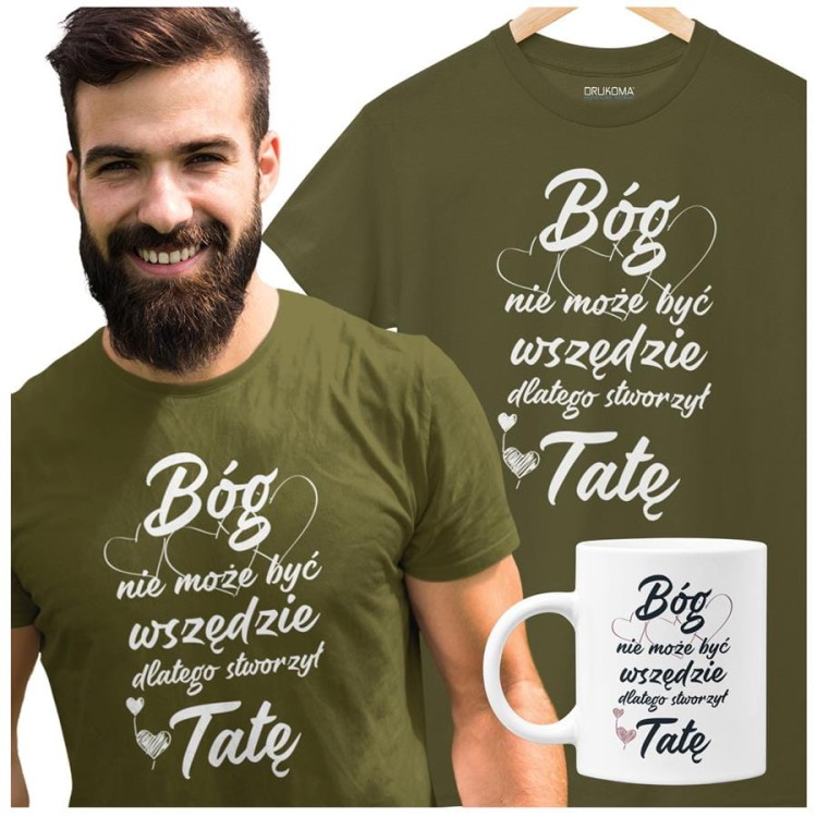 Koszulka dla taty wraz z kubkiem z nadrukiem Bóg nie może być wszędzie dlatego stworzył Tatę t-shirt w kolorze granatowy.jpg