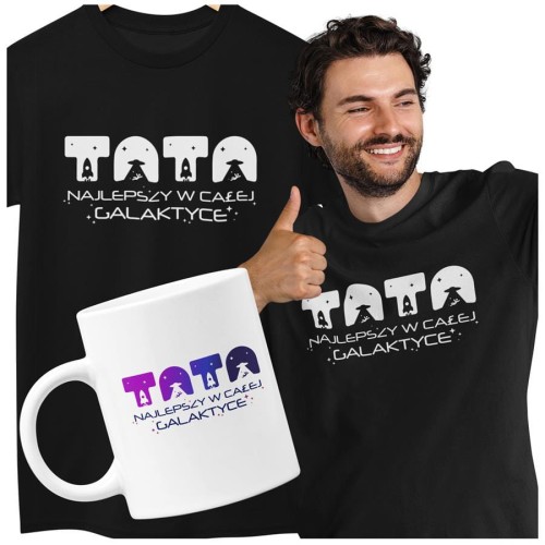 Koszulka dla taty wraz z kubkiem z napisem TATA najlepszy w całej galaktyce t-shirt w kolorze czarnym (1).jpg