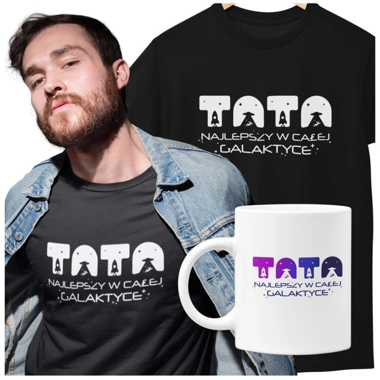 Koszulka dla taty wraz z kubkiem z napisem TATA najlepszy w całej galaktyce t-shirt w kolorze czarnym (1).jpg
