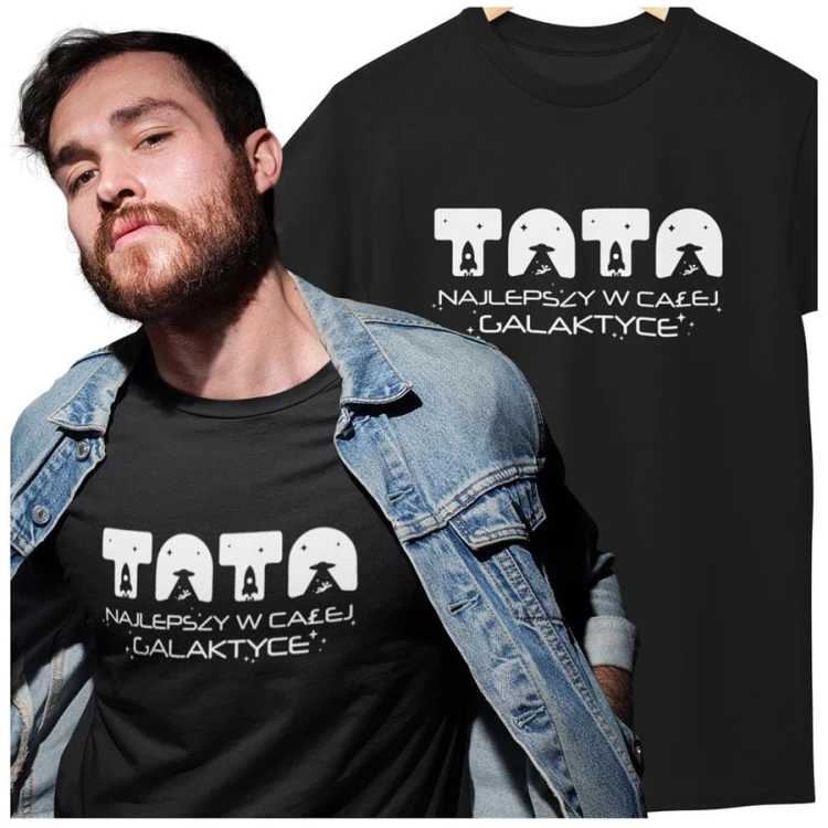 Koszulka dla taty wraz z kubkiem z napisem TATA najlepszy w całej galaktyce t-shirt w kolorze czarnym (2).jpg