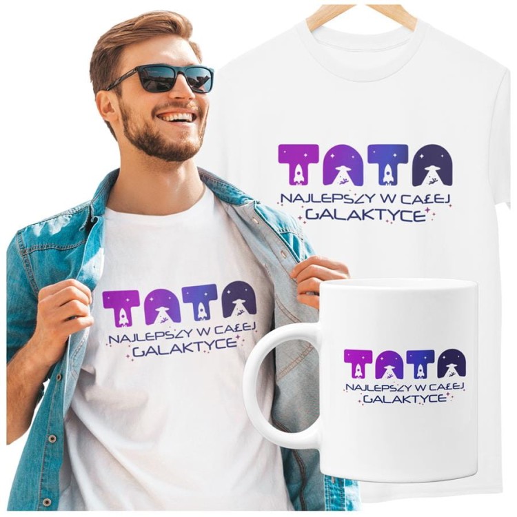 Koszulka dla taty wraz z kubkiem z napisem TATA najlepszy w całej galaktyce t-shirt w kolorze białym (1).jpg