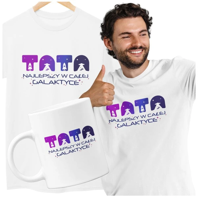 Koszulka dla taty wraz z kubkiem z napisem TATA najlepszy w całej galaktyce t-shirt w kolorze białym (2).jpg