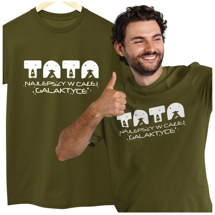 Koszulka dla taty wraz z kubkiem z napisem TATA najlepszy w całej galaktyce t-shirt w kolorze khaki (2).jpg