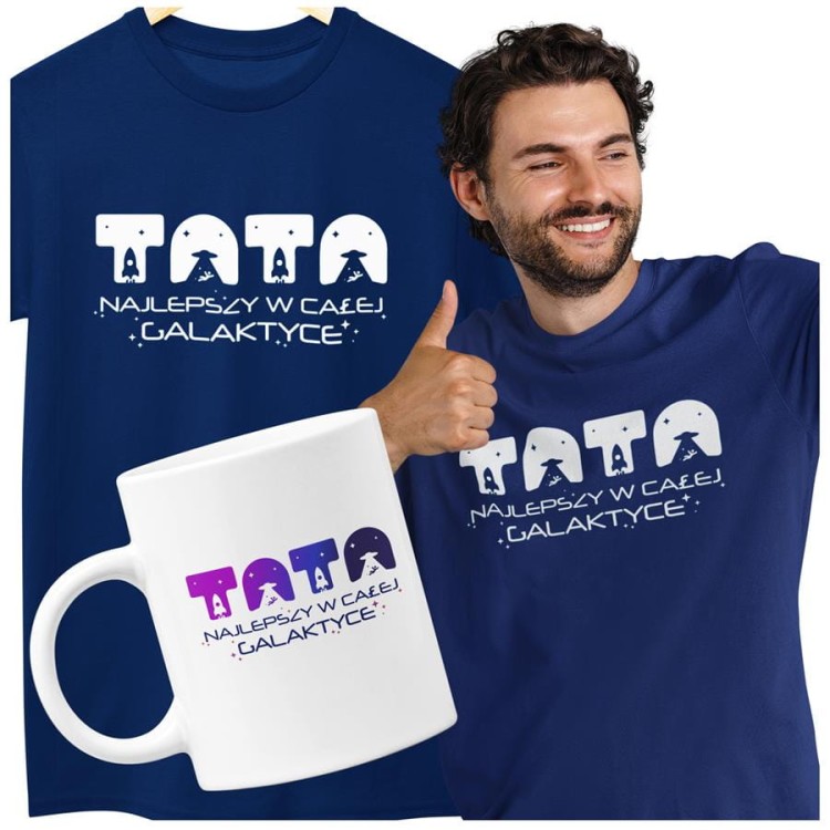 Koszulka dla taty wraz z kubkiem z napisem TATA najlepszy w całej galaktyce t-shirt w kolorze granatowym.jpg